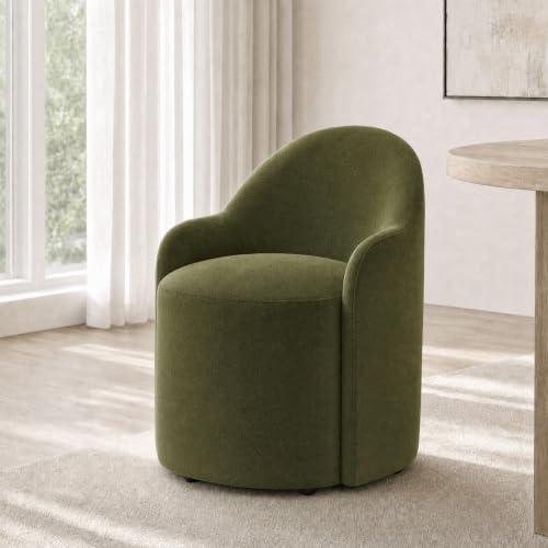 Image of KISLOT Upholstered Dining Chairs Set of 1 with Caster, Pre-Assembled, Green | Modern Dining Room Chairs with Wheels, Rolling Vanity Chair with Round Backrest for Kitchen, Bedroom, Dressing, Linen Fabric