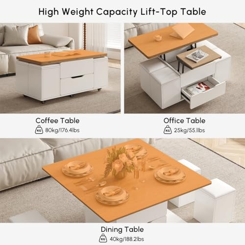 Homary Couchtisch Höhenverstellbar,Wohnzimmertisch mit Schublade,3-in-1-Multifunktions-Couchtisch Umwandelbar Wohnzimmer-Esstisch Arbeitstisch (Weiß & Natur) – Bild 7