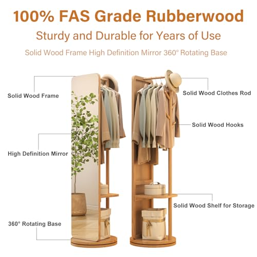 Image of AnywaysWood 70 inchx19 inchFull Length Mirror with Stand,Coat Rack with Mirror,Solid Wood Floor Mirror,Swivel Mirrorfor Bedroom, Living Room, Cloakroom