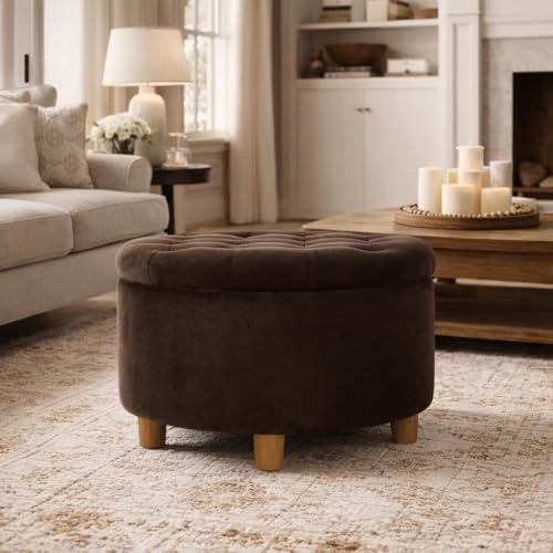Image of HomePop 28 inch Button Tufted Velvet Round Storage Ottoman - Chocolate Brown Velvet