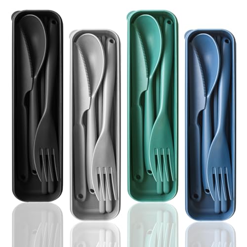 Large Plastic Forks Spoons and Knives Set, Reusable Cutlery Set with Case, Portable Eating Utensils Sets, Lunch Utensils Set for Work Travel Camping Daily Use (4PCS)
