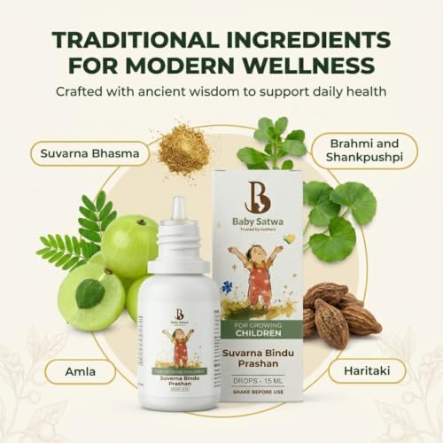 Image of Baby Satwa Swarnaprashan for Kids with 24 CT Gold Immunity Booster Drops for Healthy Growth, Strength & Overall Development, 100% Ayurvedic, FDCA Approved, 15ml, Age 0-15 Years (Pack of 1)