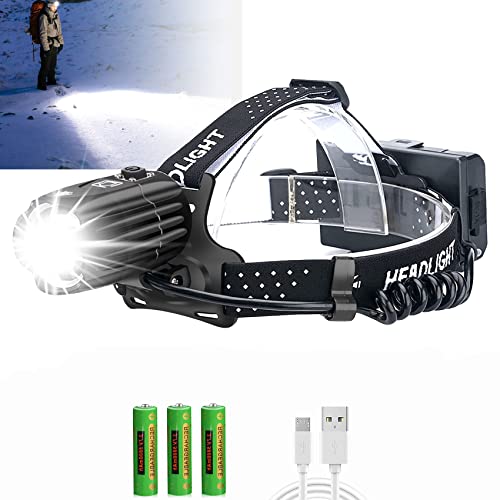 Upgraded Version Rechargeable Headlamp, 10000 Lumens USB HeadLamp for Adults, Super Bright LED Headlight with 3 Batteries Included, 3 Modes, Zoomable, Waterproof, Tactical Headlamp for Hiking Camping