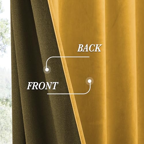 Image of RYB HOME Mustard Yellow Velvet Curtains 90 inches for Bedroom Living Room | Thermal Insulated, UV Privacy Blocking, Energy Efficient, Noise Reducing, Back Tab, Guest Room Office, W 52 x L 90, 2 Panels