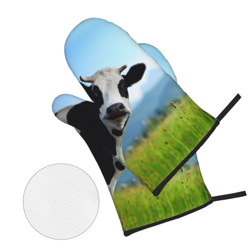 Manoplas de horno antiquemaduras y agarraderas de olla con diseño de vaca, pack de 4 unidades 4