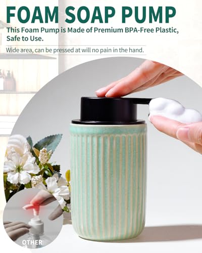 Image of BosilunLife Foam Hand Soap Dispenser - Ceramic Foaming Soap Dispenser for Bathroom 12oz Refillable Liquid Lotion Soap Dispenser with Rust-Proof Foaming Pump for Countertop (Light Green)