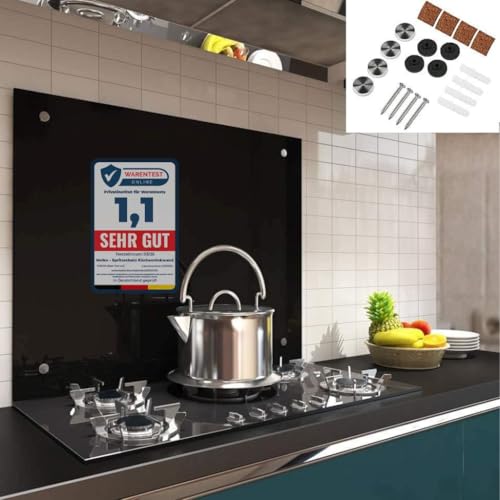 Melko Protection anti-éclaboussures en verre pour cuisinière, carrelage, 6 mm, en verre de sécurité ESG, avec vis, 90 x 55 cm, noir