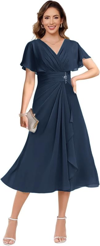 Tea Length Mother of The Bride Dresses for Wedding Beads Chiffon Wedding Guest Dress A-Line Formal Dress with Sleeves