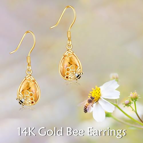 DOVRAN 14K Gold Bee Earrings for Women Real Yellow Gold Amber Teardrop Dangle Earrings Insect Jewelry Birthday Gifts for Wife Mom3