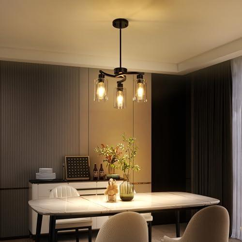 CNRATYE 3-Light Modern Farmhouse Black Pendant Lights Kitchen Island, Adjustable Height Contemporary Chandeliers for Dining Room Light Fixture Hanging, Clear Glass Shade - Image 2