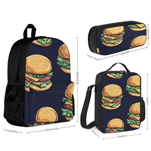 Beef Cheeseburger Hamburger Backpack 3 Set with Lunch Bag Insulated Shoulder Meal Tote Bags Pencil Case Box Casual Daypack2