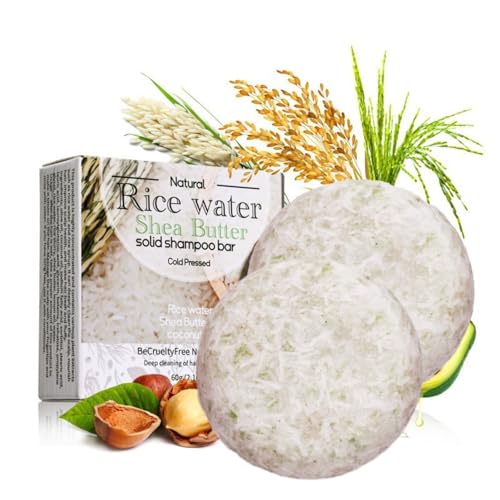 2 Stück Reisshampoo Bar, Reiswasser Shampoo Bar, Anti-Haarausfall Festes Shampoo mit Reiswasser und Kokosöl für Haarwachstum, Volumen & Glanz, nährend und stärkend, für alle Haartypen