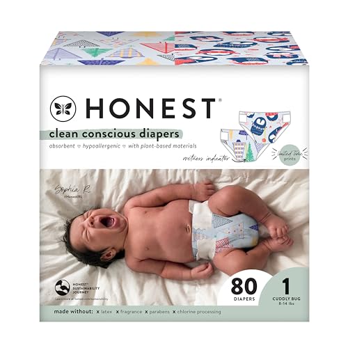 Image of The Honest Company Clean Conscious Diapers | Plant-Based, Sustainable | Winter '23 Limited Edition Prints | Club Box, Size 1 (8-14 lbs), 80 Count