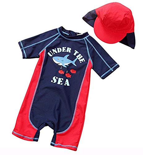 Kids Baby Boys Girls One Piece Swimsuit Set Short Sleeve Bathing Suit Rash Guards with Hat UPF 50+ (Red, 18-24 Months)
