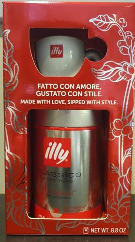 1 barattolo di caffè macinato classico da 250 gr; 1 tazzina e un piattino in porcellana; caffè 100% arabico tostato classico