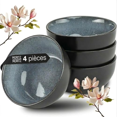 Moritz & Moritz VIDA 4x Bols Soupe Miso - 12 cm Ø - Service de Table Japonais en Céramique et Bois de Santal pour la Soupe Miso, les Sauces et les Snacks - Bol Japonais