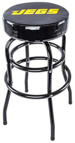 JEGS Heavy Duty Bar Stool - 28.5 High with 14 Inch 360 Degree Swivel - Vinyl Padded Logo Seat - Up to 300lb Capacity for Garage and Workshop