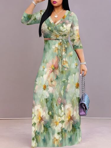 Image of Plus Size Dresses for Women Floral Print Maxi Dress Flowy 3 /4 Sleeve with Belt