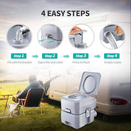 Image of 5.3-Gallon Portable Travel Toilet | Features Detachable Holding Tank /Sealing Slide Valve & Bellow-Type Flush | Easy Transport w /Compact Lightweight Design & Carry Handle | Gray
