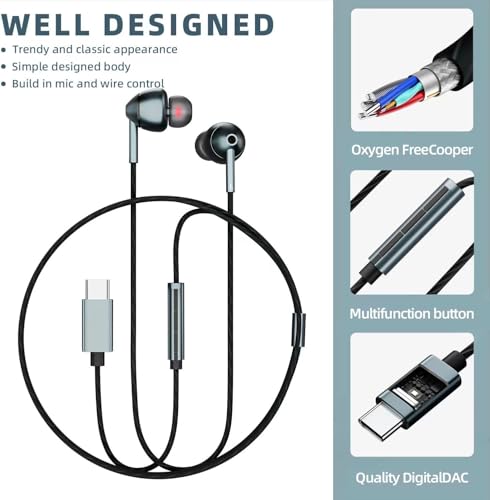 Image of USB-C Wired Earbuds with Microphone, Volume Control, Noise Canceling, Compatible with Samsung Galaxy S24 S23 S22, iPhone 15, Pixel Phones (2Pack-Gray)