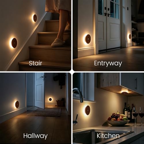 Image of Motion Sensor Night Light Wood Rechargeable Battery-Powered Stick-On Step Lights Magnetic Closet Warm Nightlight for Hallway Bedroom Stair (2 Pack Black Walnut)