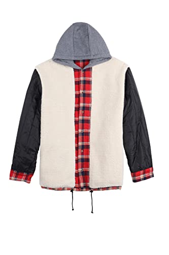 Image of COEVALS CLUB Men's Flannel Fleece Sherpa Quilted Lined Plaid Snap Work Shirt Jacket /Hooded