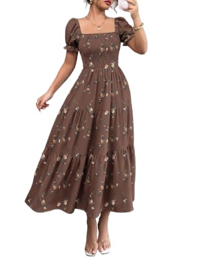 Robe midi fleurie smockée col carré chic et robe d'été fluide ligne A
