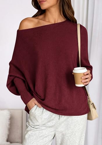 BTFBM Casual Fall Sweaters for Women 2026 Long Batwing Sleeve Ribbed Knit Tops Pullover Loose Off The Shoulder Sweater(Wine Red,Small) — view 5