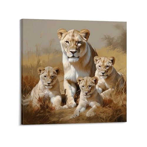 Toile lion et son petit de 60 x 60 cm pour sublimer votre salon cosy