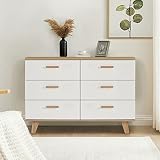 Angel Sar 6 Drawer White Dresser for Bedroom, Wood Storage Organizer Wide Dresser, Modern Drawer Che