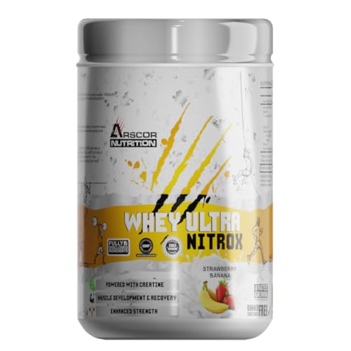 Image of Whey Ultra Nitrox by Arscor Nutrition | 24g Whey Protein + 2g Creatine Monohydrate | Lean Muscle, Strength & Recovery | No Sugar, Low Fat | Post Workout Protein Supplement (1 Kg, Strawberry Banana)