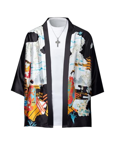Men's Kimono Robe Silky Lightweight Jackets Japanese Cardigan Bathrobe Top Open Front Seven Sleeve Yukata