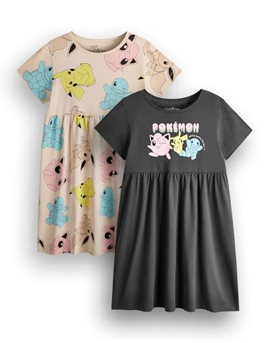 Pokemon Girls Dress Pack of 2 | Dark Grey & Tan Short Sleeve Summer Dresses Graphic Daywear