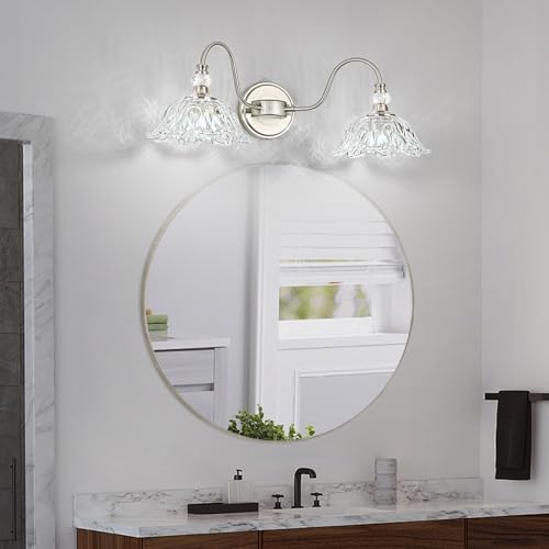 Image of Brushed Nickel Bathroom Vanity Light, 2-Light Vanity Light with Floral Clear Glass Shades, Nickel Wall Mount Lighting for Bathroom, Dressing Table
