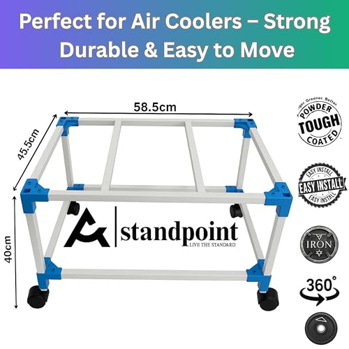 Image of STANDPOINT Heavy-Duty Air Cooler Trolley Stand with 360 Movable Wheels | Metal Cooler Stand for Home & Outdoor | Rust-Resistant Powder Coated | Up to 100L Weight Capacity | Easy Mobility Cooler Base