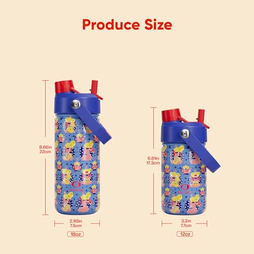 Image of Kids Insualated Water Bottle with Straw,12oz Stainless Steel Water Bottle with Dual Spouts, Leak-Proof,BPA-Free,Double Wall Vacuum Keeps Cold for 24 Hours for Sports,Travel,School (Blue Hippo Parade)