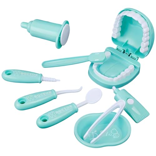 Satiskid Dental Early Education Brushing Toys 9 Piece Childrens Oral Dental Medical Toys Set Cartoon Tooth Brushing Model Preschool Education Toy Dentist Play Toy Set for Girls Boys (Green)