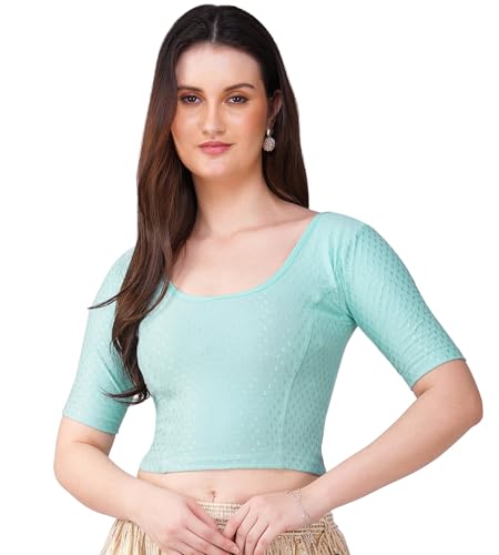 Image of Fressia Fabrics Pure Cotton 4-Way Stretch Readymade Blouse for Women | Free Size to 4XL Stretchable Round Neck Dobby Cotton Half Sleeve Readymade Saree Blouse for Women Stylish