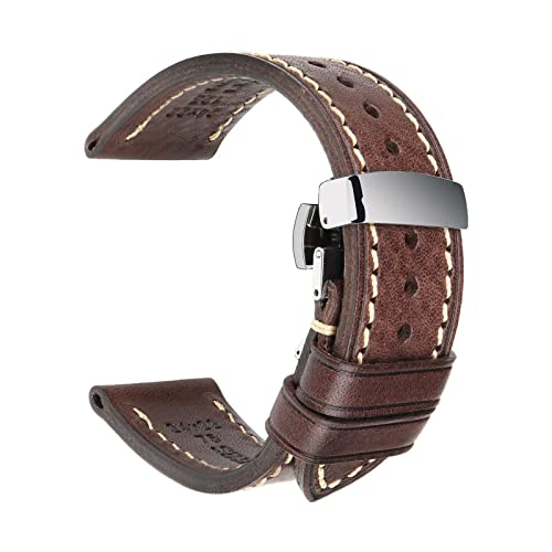 SAXTZDS Uhrenarmbänder 18mm, 20mm, 22mm, 24mm, Vintage-Uhrenarmband aus echtem Leder mit Faltschließe, Kaffee, 22mm