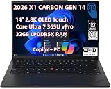 2026 NewLenovo ThinkPad X1 Carbon Gen 14 Aura Edition Laptop, Copilot+ PC 14" 2.8K OLED Touch (2880x1800), Core Ultra 7 365 vPro, 32GB LPDDR5X 4TB SSD, Wi-Fi 7 Win11 Pro - FP Reader - Haptic Touchpad