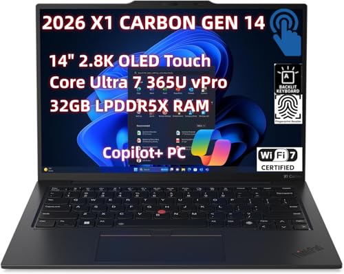 2026 NewLenovo ThinkPad X1 Carbon Gen 14 Aura Edition Laptop, Copilot+ PC 14" 2.8K OLED Touch (2880x1800), Core Ultra 7 365 vPro, 32GB LPDDR5X 1TB SSD, Wi-Fi 7 Win11 Pro - FP Reader - Haptic Touchpad
