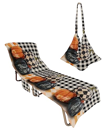 Lattice Pumpkins, Beach Lounge Chair Towel Cover, Soft Chaise Lounge Towel with Side Pockets Patio Pool Chairs Cover for Beach/Pool Sunbathing 29x85 Fall Leaves Black White Checkered Flag