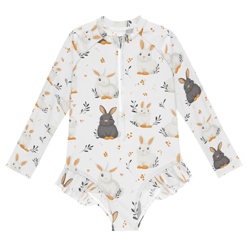 Gary Wihte Rabbit Leaf Girls Long Sleeve Swimsuit Rash Guard One Piece Bathing Suits Zipper 3-12T