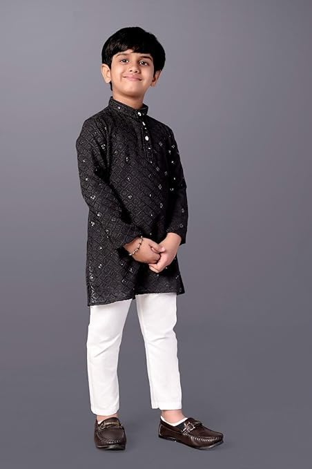 Image of Valaki Kurta Pajama Set for Boys Cotton Blend Mirror Work Embroidery Kurta Pyjama for Boys