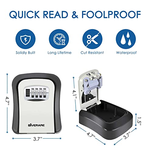 Giverare Key Lock Box, Wall Mount 4 Digits Combination Lockbox Outside, Waterproof Outdoor Key Hider For House Key, Resettable Safe Security Password Box With Mounting Kit & Dust-Proof Cover-Grey #TOP3