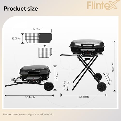 Image of Flintex Portable Propane Gas Grill, 2-Burner Foldable BBQ Grills, 2-in-1 Outdoor Camping Griddle Combo for Travel Tailgating, Black
