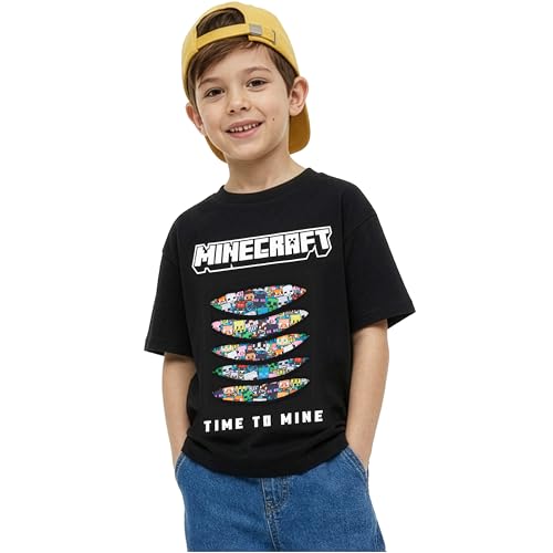 Minecraft T-Shirt Garcon 7 Ans à 15 Ans, Col Rond et Manches Courtes Confort T Shirt, Gaming Merchandise Idee Cadeau (13-14 Ans, Noir Minecraft)