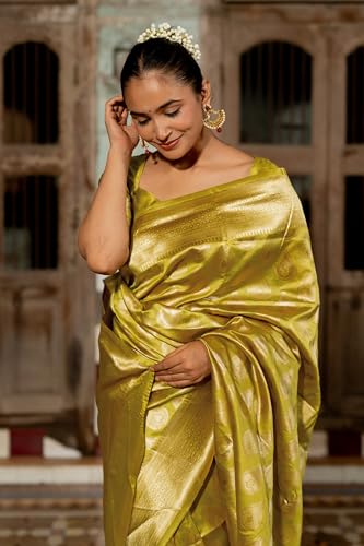 Image of Subham Saree for Woman Silk Cotton Kanjivaram | Soft Daily Wear Golden Zari Sari with Jacquard Blouse Piece