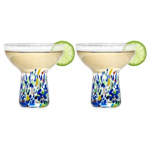 Large Stemless Margarita Glasses Set of 2-14oz Luxury Hand Blown Confetti Margaritas, Martini, Cocktails, Water, Wine, Dessert & Champagne Glasses Cinco de Mayo