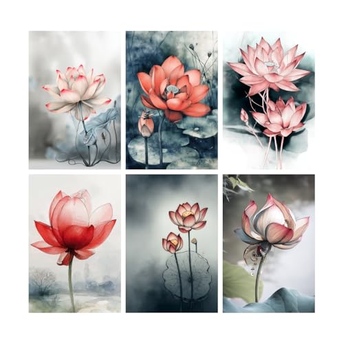Image of SiddArtify Lotus Flower Wall Art Prints Set - Watercolor Floral Poster Decor for Living Room Bedroom Office - 12x18 inch Sticker Pack of 6